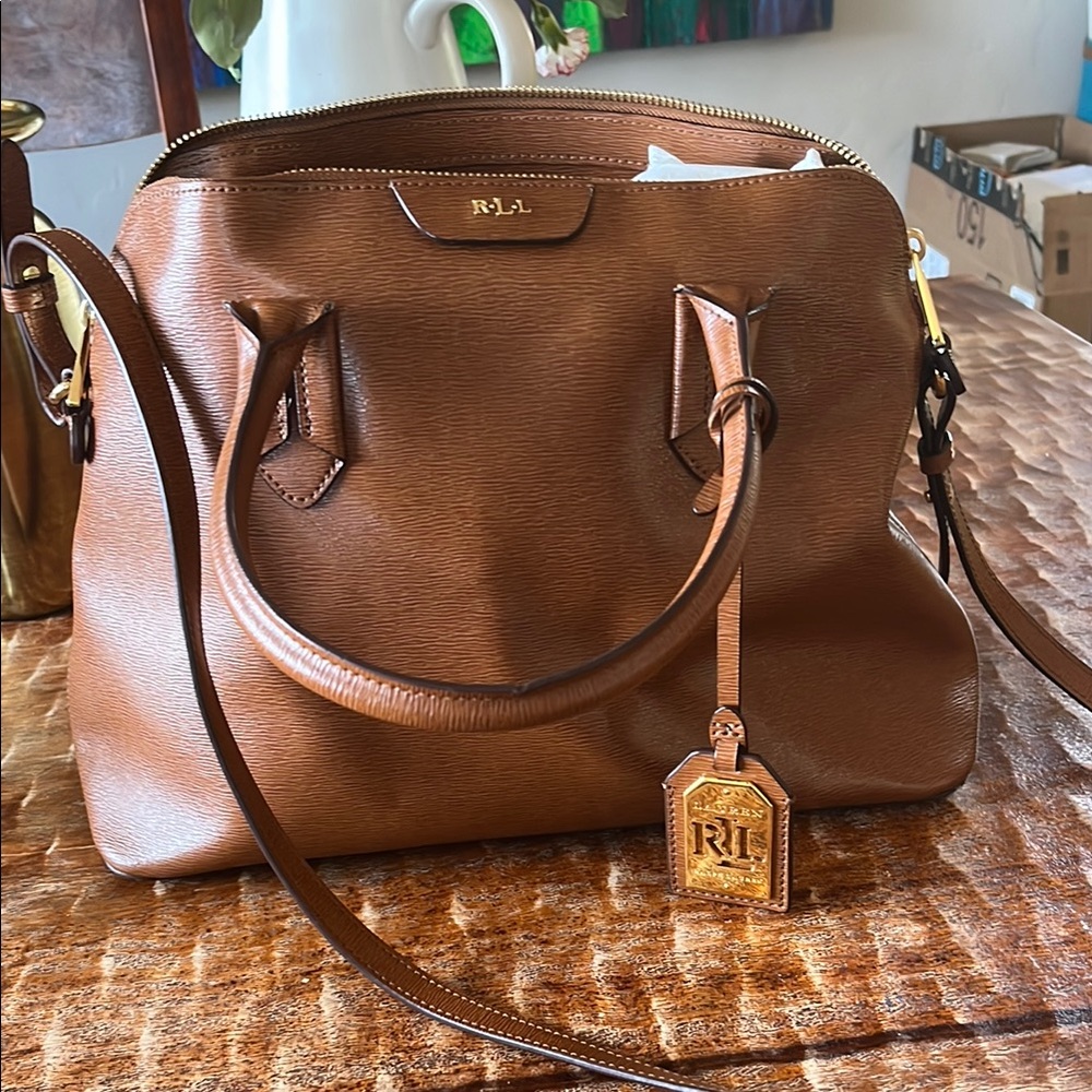 Lauren by Ralph Lauren Brown/Tan Tate Dome Satchel Leather Handbag.